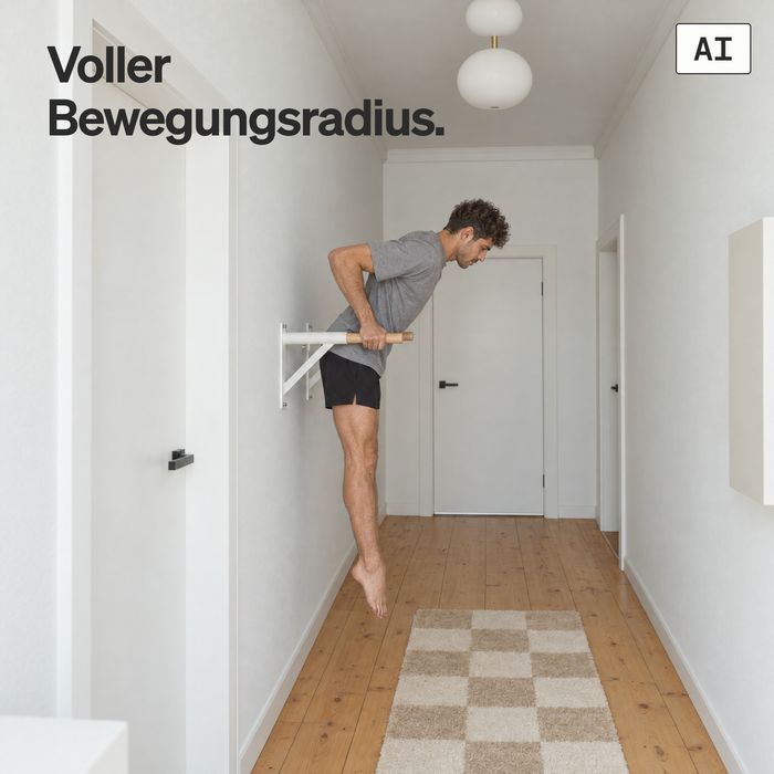 Ein Mann macht Dips an den Dip-Barren DB1 in einem hellen Flur (KI-generiertes Bild)