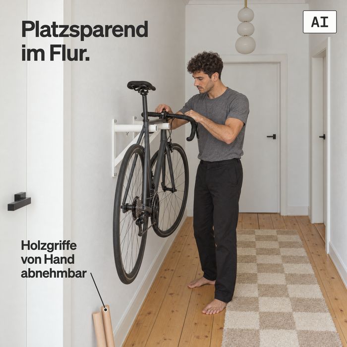 Ein Mann hängt ein Rennrad auf die Halter der DB1 in einem Flur, die Holzgriffe liegen abgenommen am Boden (KI-generiertes Bild)