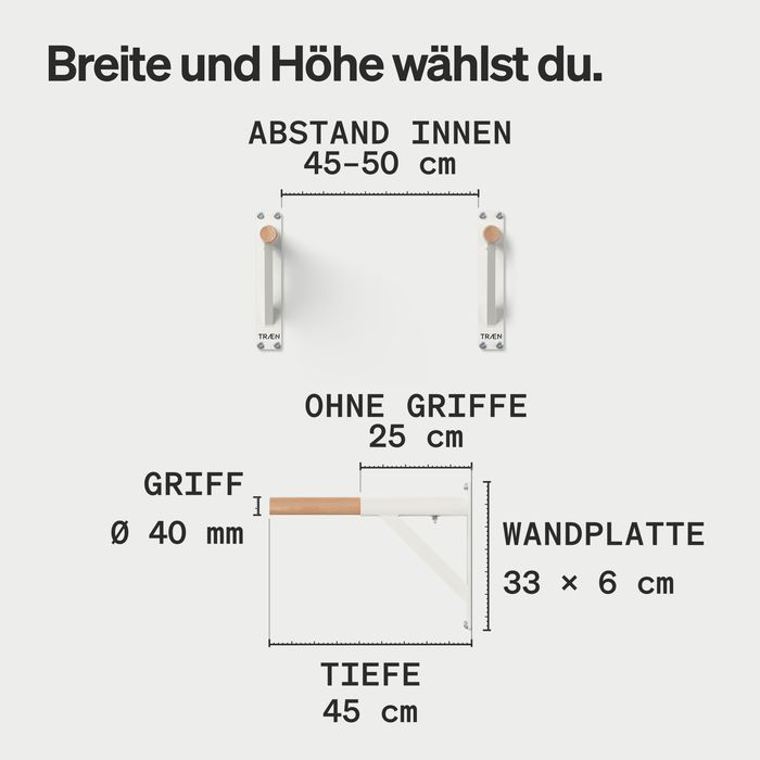 Maßzeichnung der DB1: Abstand innen 45 bis 50 cm, Tiefe 45 cm (ohne Griffe 25 cm), Griff Ø 40 mm, Wandplatte 33 × 6 cm