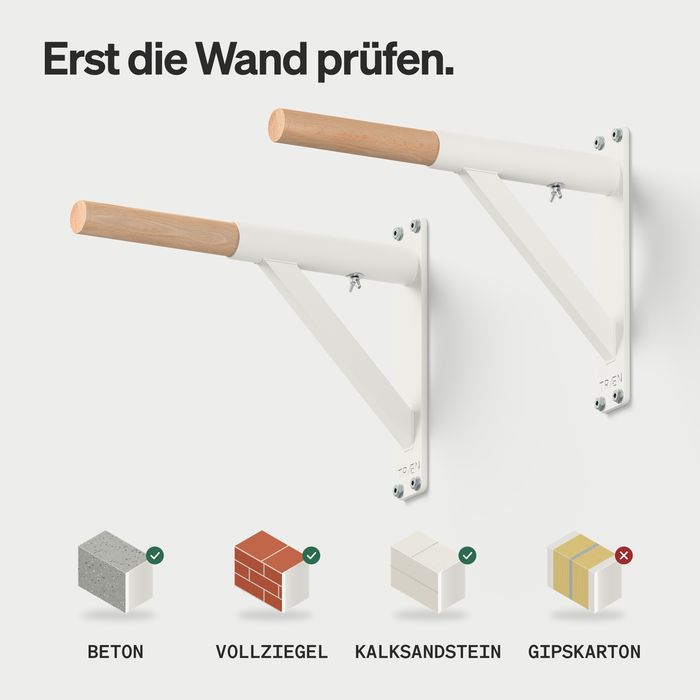 Zwei Dip-Barren DB1 aus weißem Stahl, darunter vier Wandtypen: Beton, Vollziegel und Kalksandstein mit Haken, Gipskarton mit Kreuz