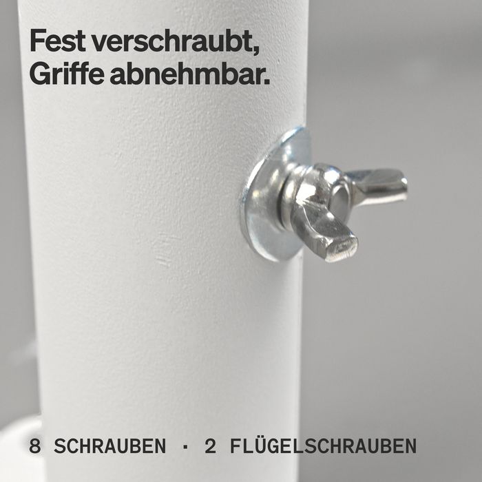 Nahaufnahme der Flügelschraube mit Scheibe am weißen Stahlrohr der DB1