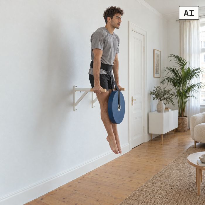 Ein Mann stützt sich mit Zusatzgewicht an den Dip-Barren DB1 in einem Altbau-Wohnzimmer (KI-generiertes Bild)