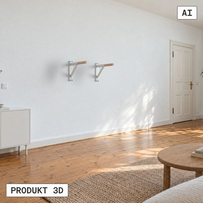 Zwei Dip-Barren DB1 aus weißem Stahl mit Buchengriffen an der Wand eines hellen Wohnzimmers (KI-generiertes Bild)