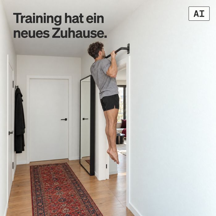Ein Mann macht einen Klimmzug an der KS1 aus schwarzen Stahl in einem Flur (KI-generiertes Bild)