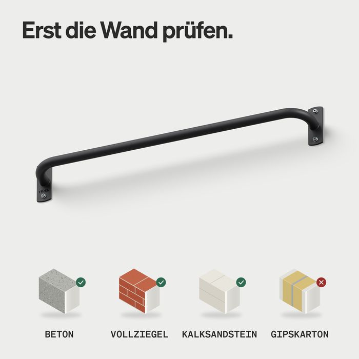 Wand-Klimmzugstange KS1 aus schwarzen Stahl, darunter vier Wandtypen: Beton, Vollziegel und Kalksandstein mit Haken, Gipskarton mit Kreuz