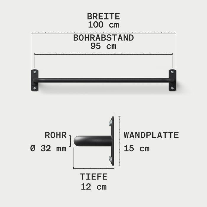 Maßzeichnung der KS1 aus schwarzen Stahl: Breite 100 cm, Bohrabstand 95 cm, Rohr Ø 32 mm, Tiefe 12 cm