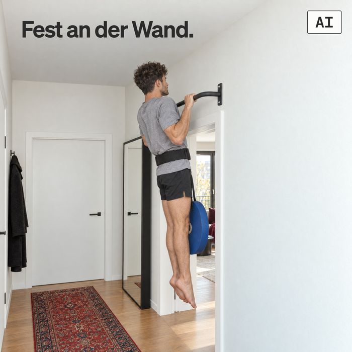 Ein Mann macht einen Klimmzug mit Zusatzgewicht an der KS1 aus schwarzen Stahl in einem Flur (KI-generiertes Bild)
