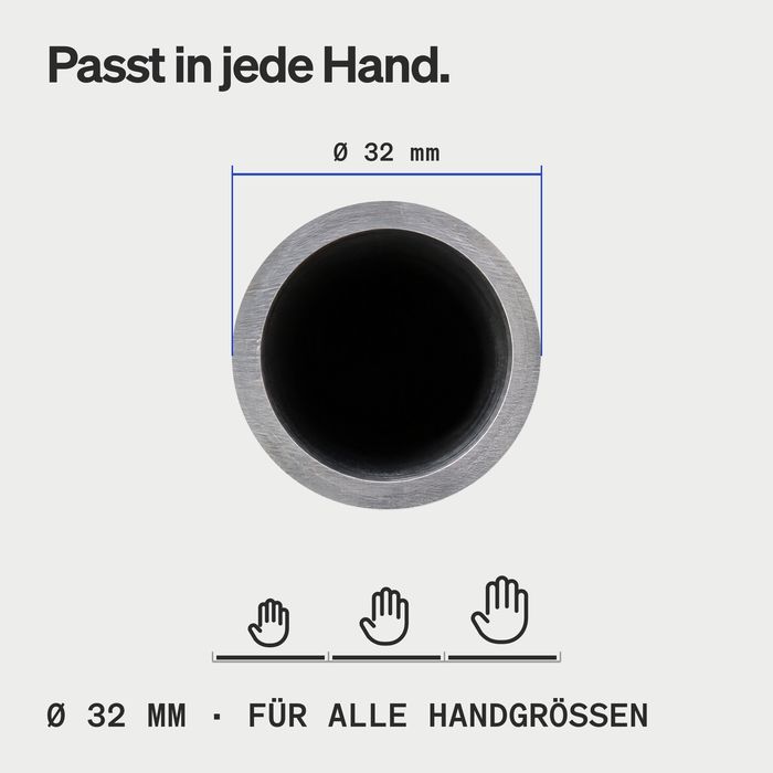 Querschnitt des Stahlrohrs mit Maßlinie Ø 32 mm und drei Handsymbolen