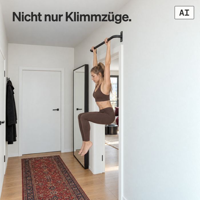 Eine Frau macht Knieheben im Hang an der KS1 aus schwarzem Stahl in einem Flur (KI-generiertes Bild)