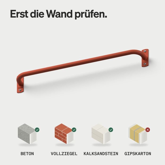 Wand-Klimmzugstange KS1 aus orangen Stahl, darunter vier Wandtypen: Beton, Vollziegel und Kalksandstein mit Haken, Gipskarton mit Kreuz