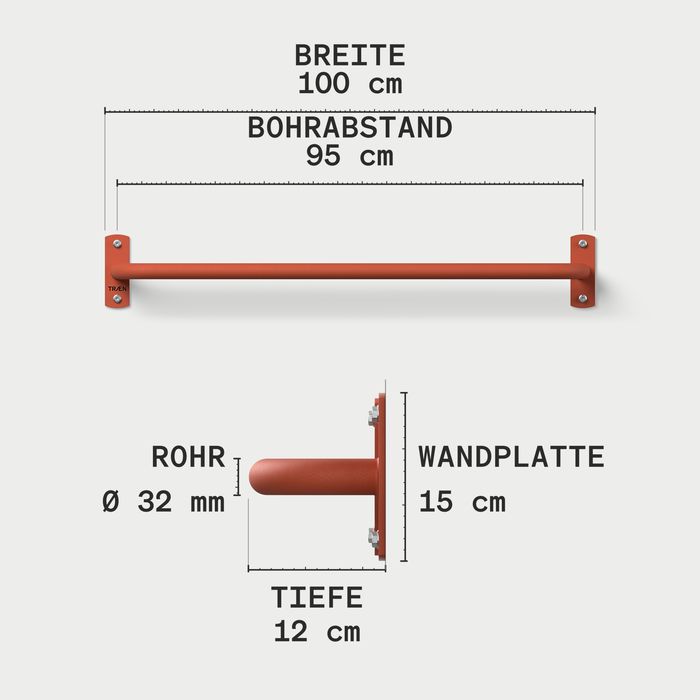 Maßzeichnung der KS1 aus orangen Stahl: Breite 100 cm, Bohrabstand 95 cm, Rohr Ø 32 mm, Tiefe 12 cm