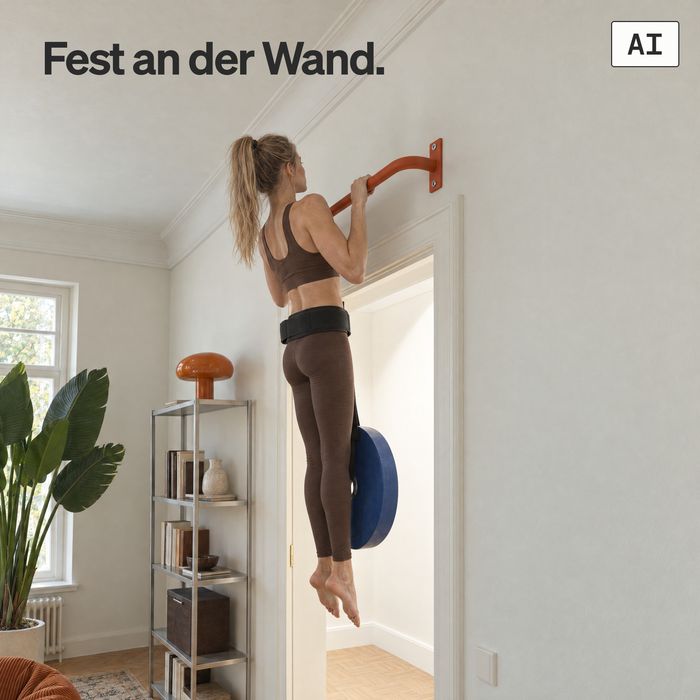 Eine Frau macht einen Klimmzug mit Zusatzgewicht an der KS1 aus orangen Stahl in einem Altbau-Wohnzimmer (KI-generiertes Bild)