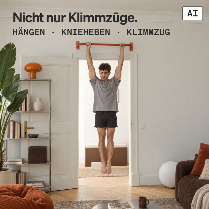 Ein Mann hängt mit gestreckten Armen an der KS1 aus orangem Stahl in einem Altbau-Wohnzimmer (KI-generiertes Bild)