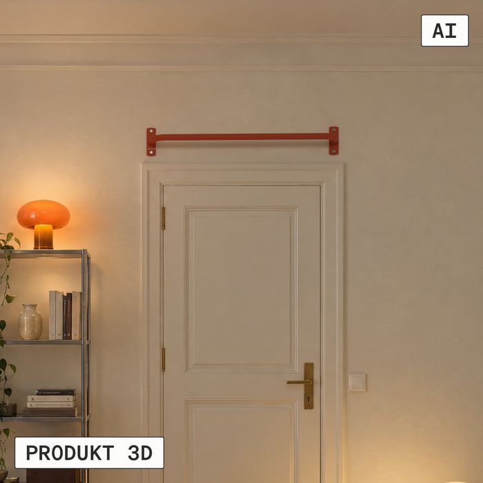 Wand-Klimmzugstange KS1 aus orangen Stahl über einer Zimmertür am Abend (KI-generiertes Bild)