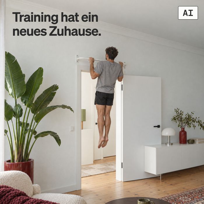 Ein Mann macht einen Klimmzug an der KS1 aus weißen Stahl in einem hellen Altbau-Wohnzimmer (KI-generiertes Bild)