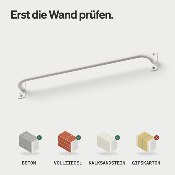 Wand-Klimmzugstange KS1 aus weißen Stahl, darunter vier Wandtypen: Beton, Vollziegel und Kalksandstein mit Haken, Gipskarton mit Kreuz