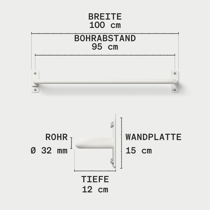 Maßzeichnung der KS1 aus weißen Stahl: Breite 100 cm, Bohrabstand 95 cm, Rohr Ø 32 mm, Tiefe 12 cm