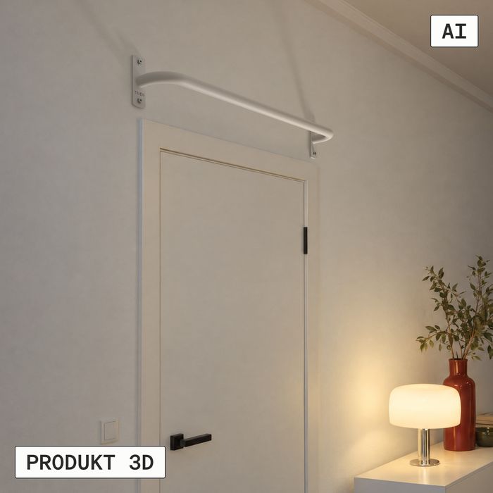 Wand-Klimmzugstange KS1 aus weißen Stahl über einer Zimmertür am Abend (KI-generiertes Bild)