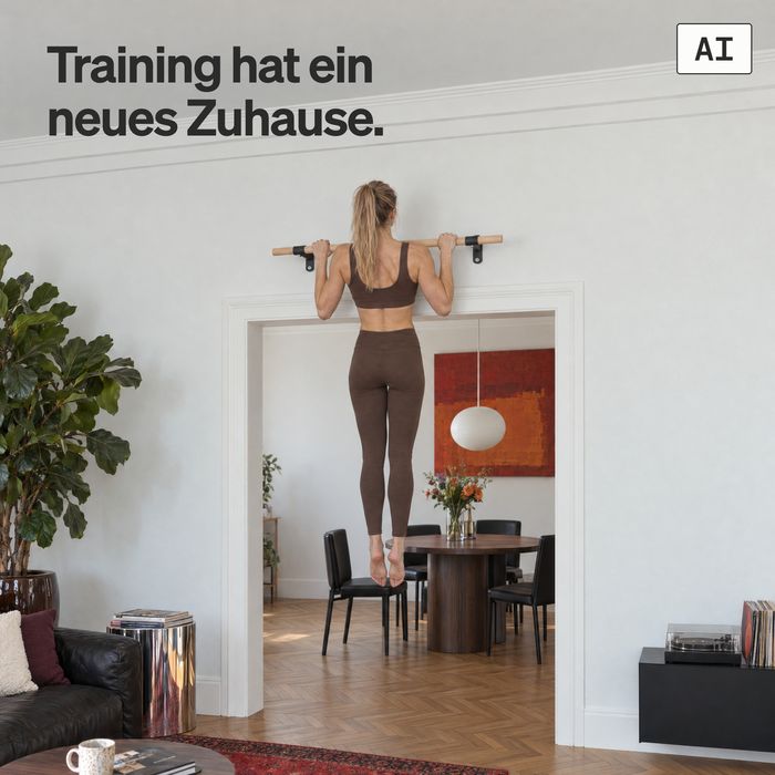 Eine Frau macht einen Klimmzug an der KS2 mit schwarzen Haltern über dem Durchgang eines Altbau-Wohnzimmers (KI-generiertes Bild)
