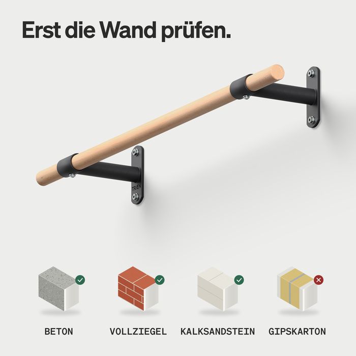 Wand-Klimmzugstange KS2 mit schwarzen Haltern, darunter vier Wandtypen: Beton, Vollziegel und Kalksandstein mit Haken, Gipskarton mit Kreuz