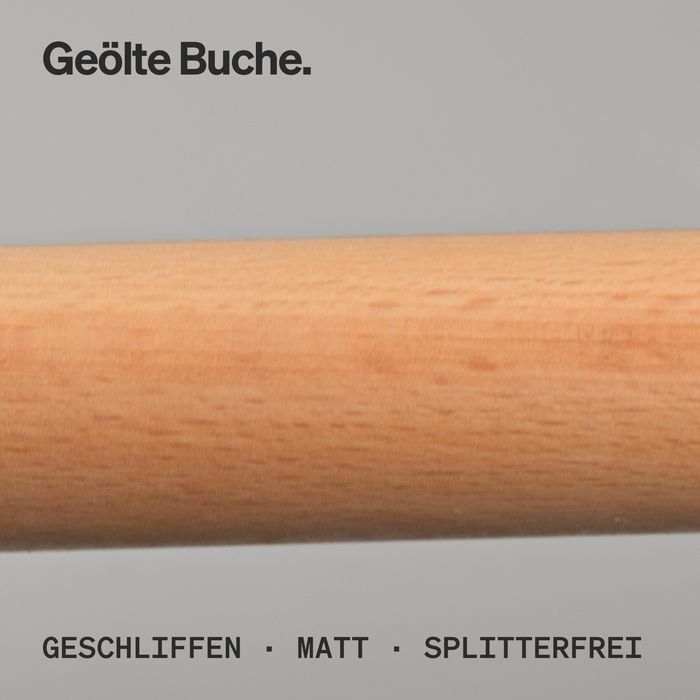 Nahaufnahme der geölten, geschliffenen Buchenstange mit feiner Maserung