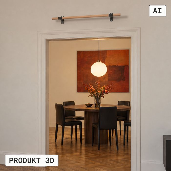 Wand-Klimmzugstange KS2 mit schwarzen Haltern über dem Durchgang eines Altbau-Esszimmers am Abend (KI-generiertes Bild)