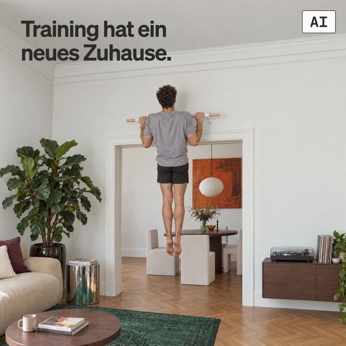 Ein Mann macht einen Klimmzug an der KS2 über dem Durchgang eines Altbau-Wohnzimmers (KI-generiertes Bild)