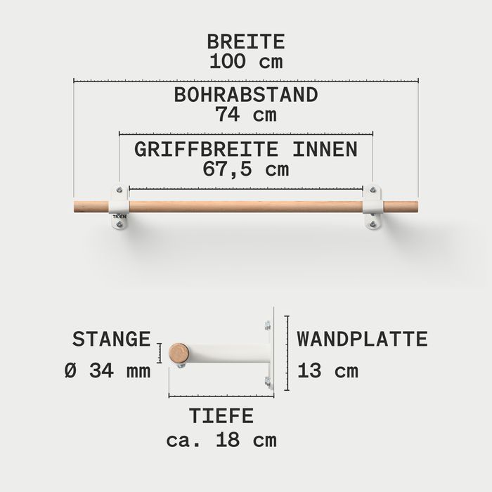 Maßzeichnung der KS2 mit weißen Haltern: Breite 100 cm, Bohrabstand 74 cm, Griffbreite innen 67,5 cm, Tiefe ca. 18 cm