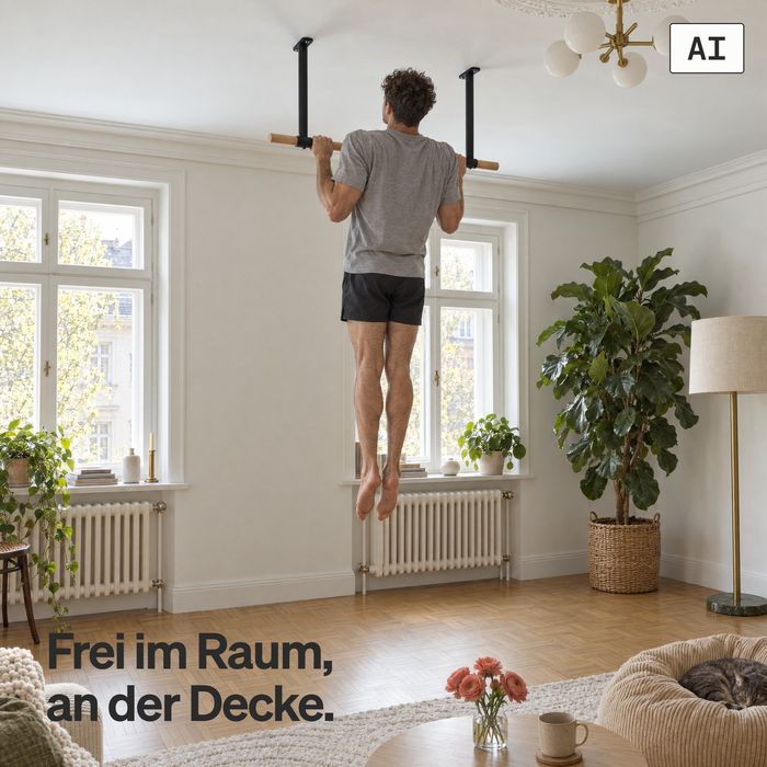 Ein Mann macht einen Klimmzug an der Deckenstange KS3 mit schwarzen Haltern in einem Altbau-Wohnzimmer (KI-generiertes Bild)
