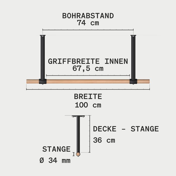 Maßzeichnung der KS3 mit schwarzen Haltern: Bohrabstand 74 cm, Griffbreite innen 67,5 cm, Breite 100 cm, Abstand Decke bis Stange 36 cm