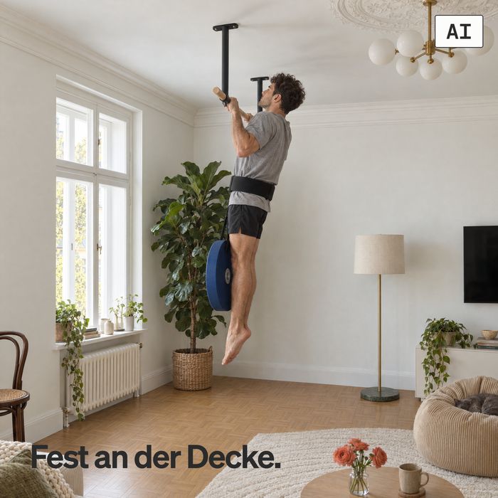 Ein Mann macht einen Klimmzug mit Zusatzgewicht an der Deckenstange KS3 mit schwarzen Haltern in einem Altbau-Wohnzimmer (KI-generiertes Bild)