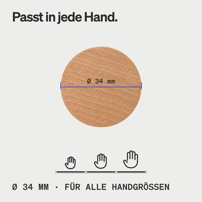 Querschnitt der Buchenstange mit Maßlinie Ø 34 mm und drei Handsymbolen