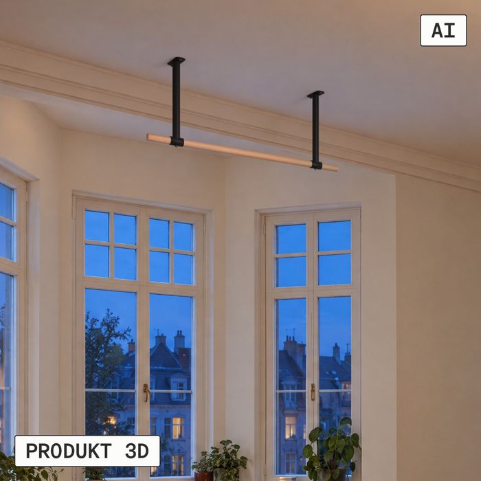 Decken-Klimmzugstange KS3 mit schwarzen Haltern in einem Altbau-Erker am Abend (KI-generiertes Bild)