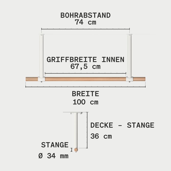 Maßzeichnung der KS3 mit weißen Haltern: Bohrabstand 74 cm, Griffbreite innen 67,5 cm, Breite 100 cm, Abstand Decke bis Stange 36 cm