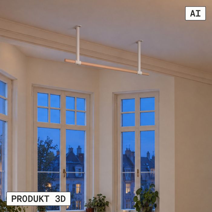 Decken-Klimmzugstange KS3 mit weißen Haltern in einem Altbau-Erker am Abend (KI-generiertes Bild)