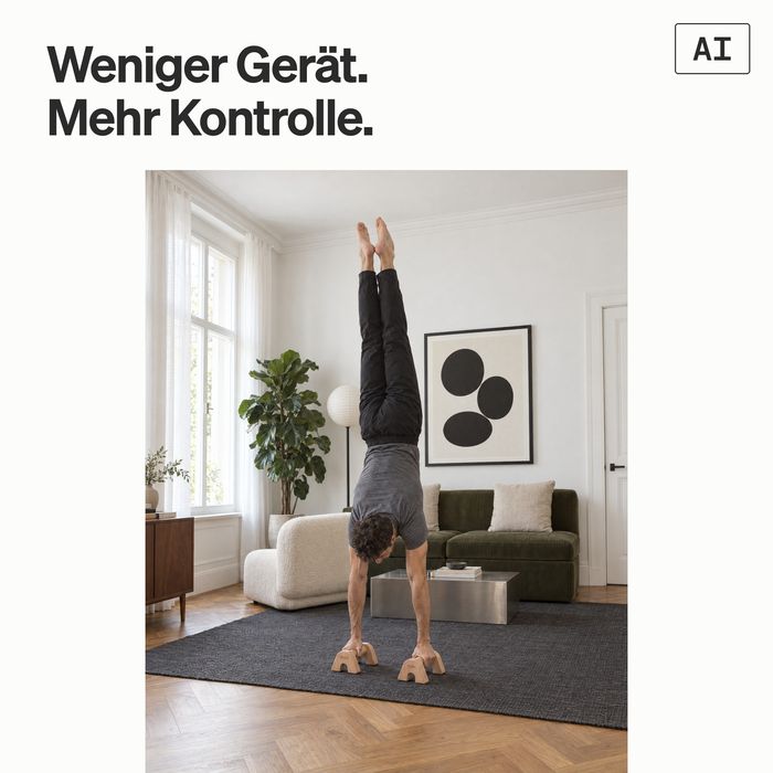 Ein Mann im Handstand auf den LG1 Kompakt in einem Altbau-Wohnzimmer (KI-generiertes Bild)