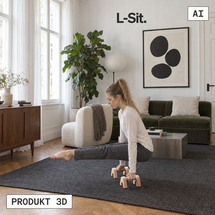Eine Frau hält einen L-Sit auf den LG1 Kompakt in einem Altbau-Wohnzimmer (KI-generiertes Bild)