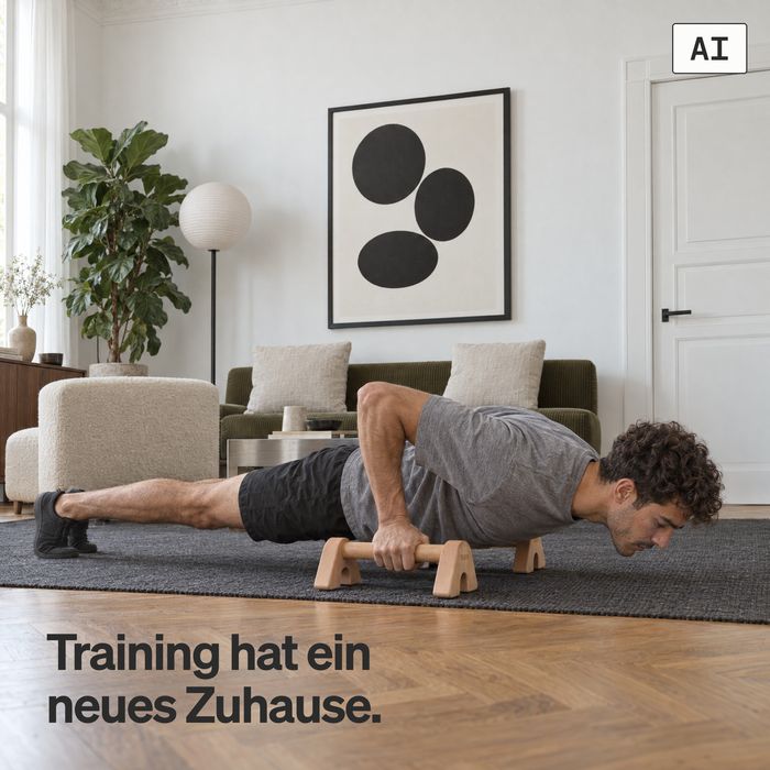 Ein Mann macht tiefe Liegestütze auf den LG1 Standard in einem Altbau-Wohnzimmer (KI-generiertes Bild)