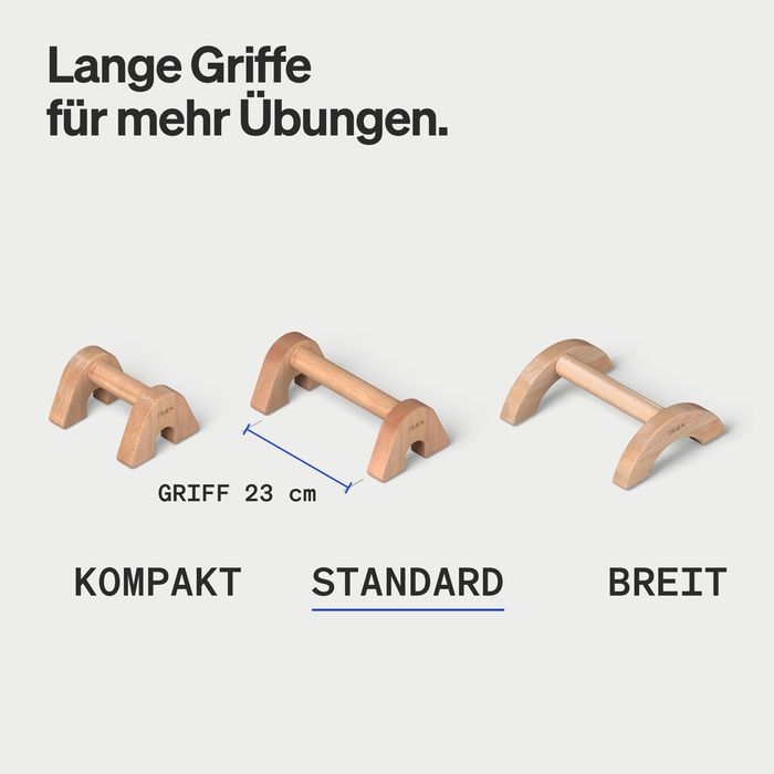 Die drei LG1-Größen Kompakt, Standard und Breit nebeneinander, Standard mit Maßlinie Griff 23 cm hervorgehoben