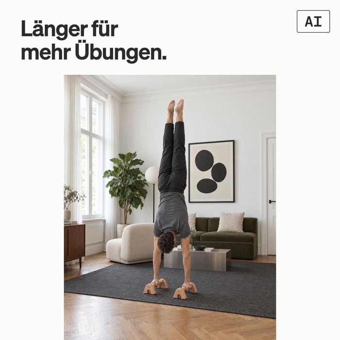 Ein Mann im Handstand auf den LG1 Standard in einem Altbau-Wohnzimmer (KI-generiertes Bild)