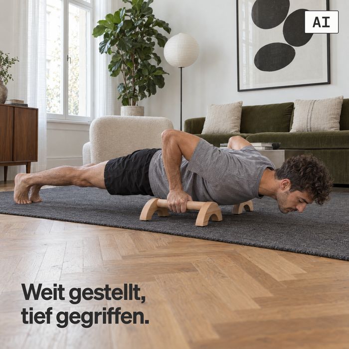 Ein Mann macht tiefe Liegestütze auf den LG1 Breit in einem Altbau-Wohnzimmer (KI-generiertes Bild)