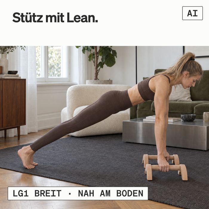 Eine Frau im Stütz mit Lean auf den LG1 Breit in einem Altbau-Wohnzimmer (KI-generiertes Bild)