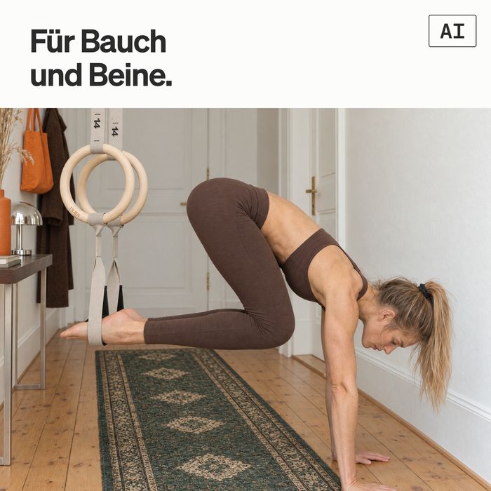 Eine Frau macht Reverse Crunches mit den Füßen in Fußschlaufen an Turnringen in einem Altbau-Flur (KI-generiertes Bild)