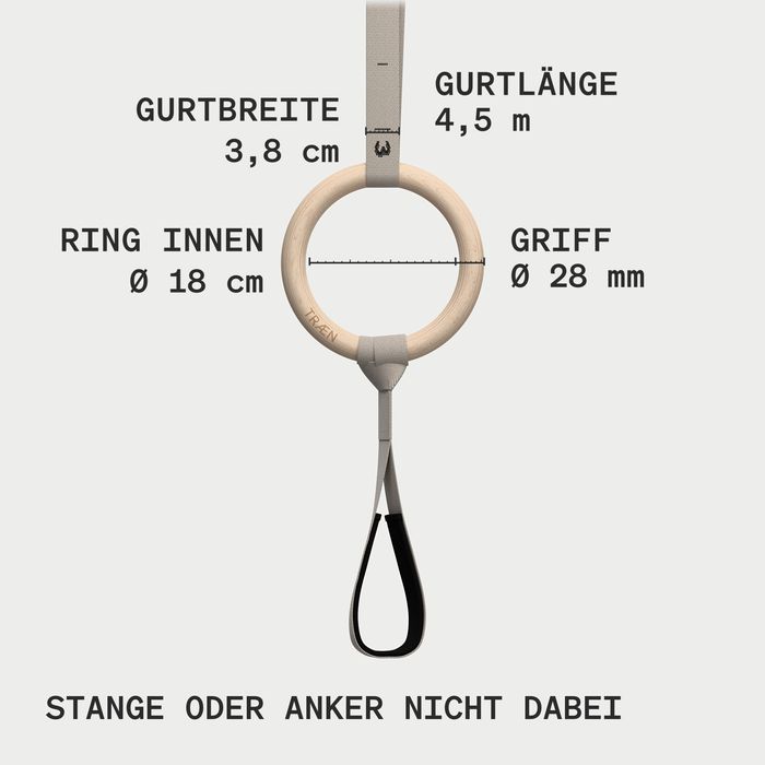 Maßzeichnung eines Turnrings mit Fußschlaufe: Gurtlänge 4,5 m, Gurtbreite 3,8 cm, Ring innen 18 cm, Griff 28 mm
