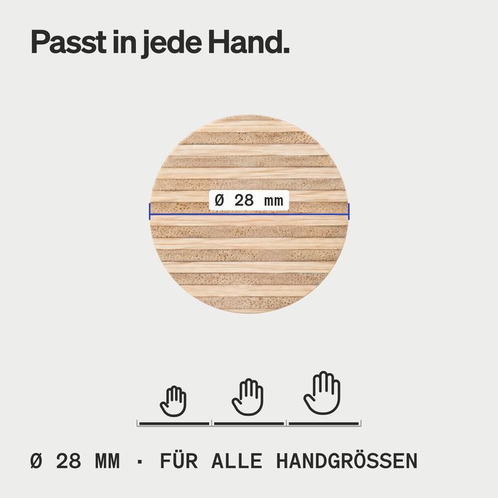 Querschnitt des geschichteten Birkenrings mit Maßlinie Ø 28 mm und drei Handsymbolen