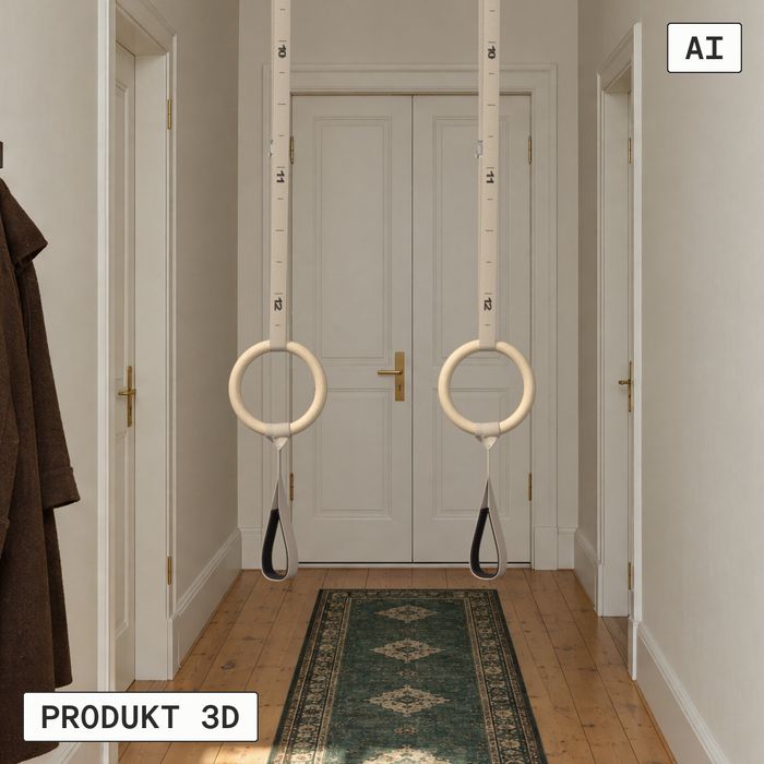 Zwei Turnringe mit Fußschlaufen an Gurten von der Decke eines Altbau-Flurs (KI-generiertes Bild)