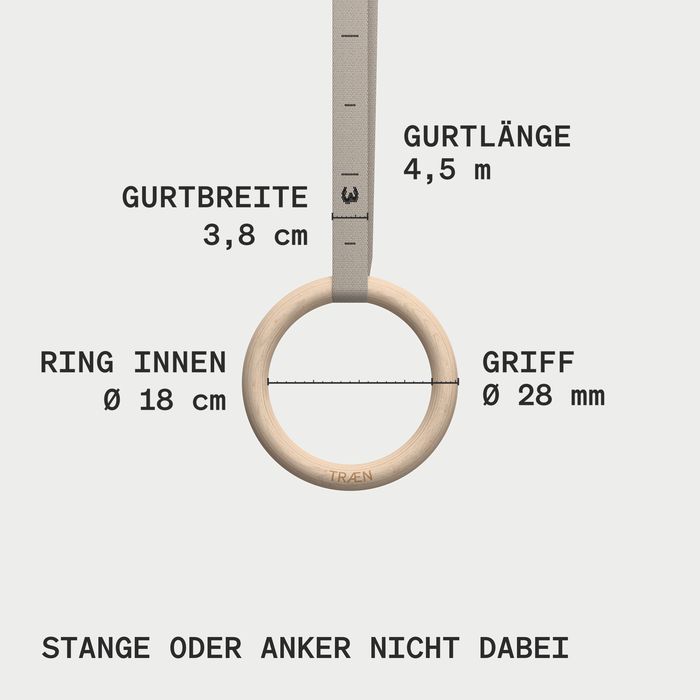 Maßzeichnung eines Turnrings mit Gurt: Gurtlänge 4,5 m, Gurtbreite 3,8 cm, Ring innen 18 cm, Griff 28 mm