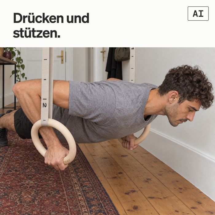 Ein Mann macht Push-ups an Turnringen in einem Altbau-Flur (KI-generiertes Bild)