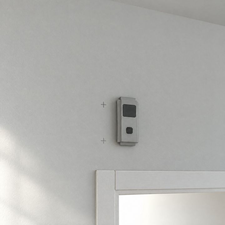 Ein Leitungssucher prüft die Wand rund um die Markierungen über der Tür.