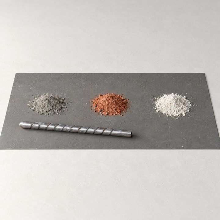 Drei Häufchen Bohrmehl nebeneinander: grau, rot und weiß.